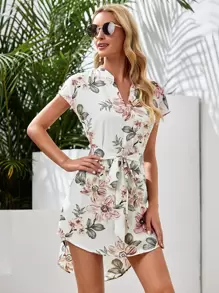 SHEIN Clasi 西裝領自腰帶弧形下擺花卉連衣裙 - 彩色 - 查看 5