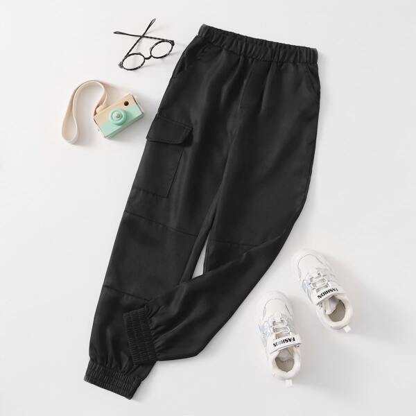 

Boys Elastic Waist Flap Pocket Pants, Black