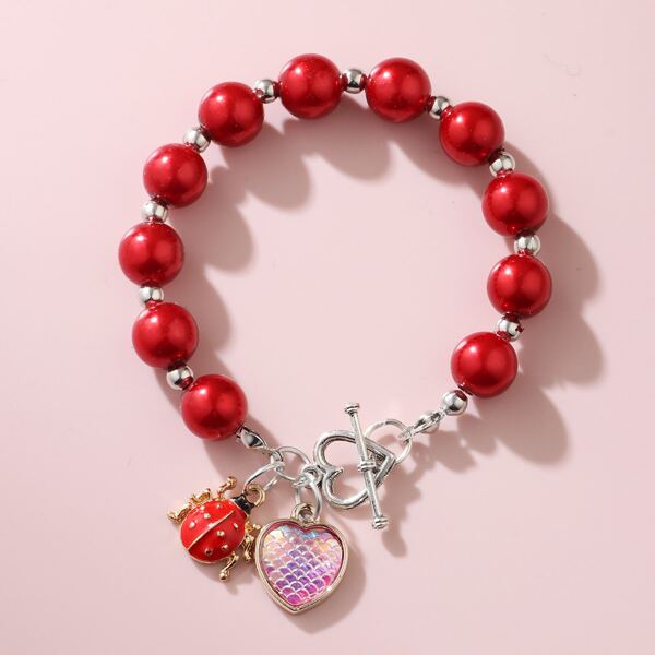 

Girls Heart Charm Beaded Bracelet, Red
