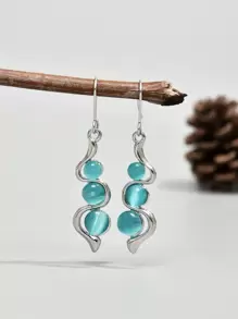 Cat Eye Stone Decor Drop Earrings - Blue - View 1