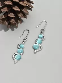 Cat Eye Stone Decor Drop Earrings - Blue - View 2