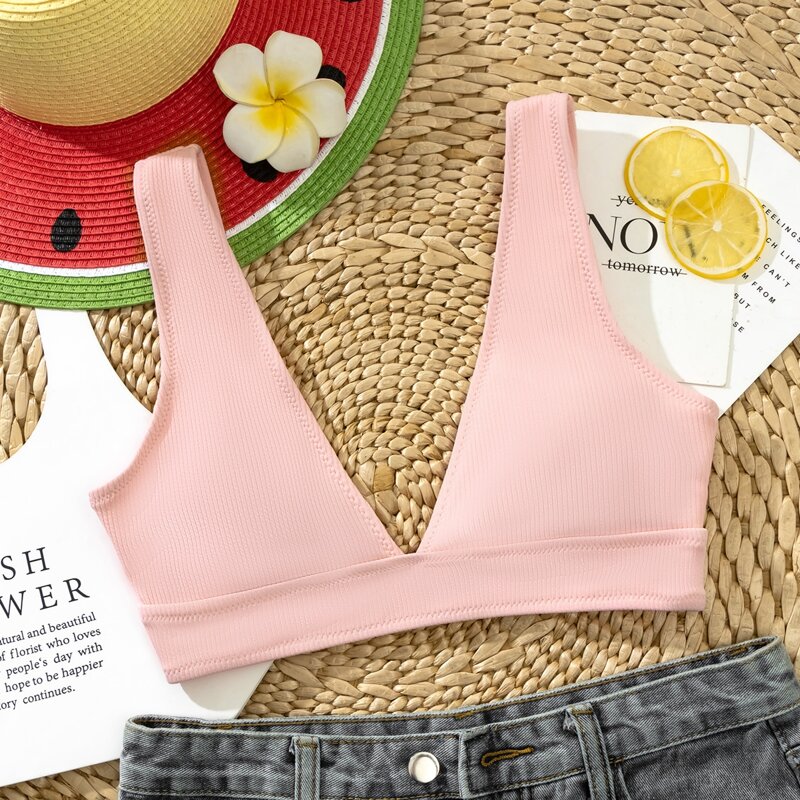 

Rib V Neck Bikini Top, Baby pink