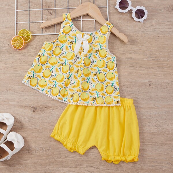 

Baby Girl Lemon Print Bow Tank Top & Shorts, Yellow