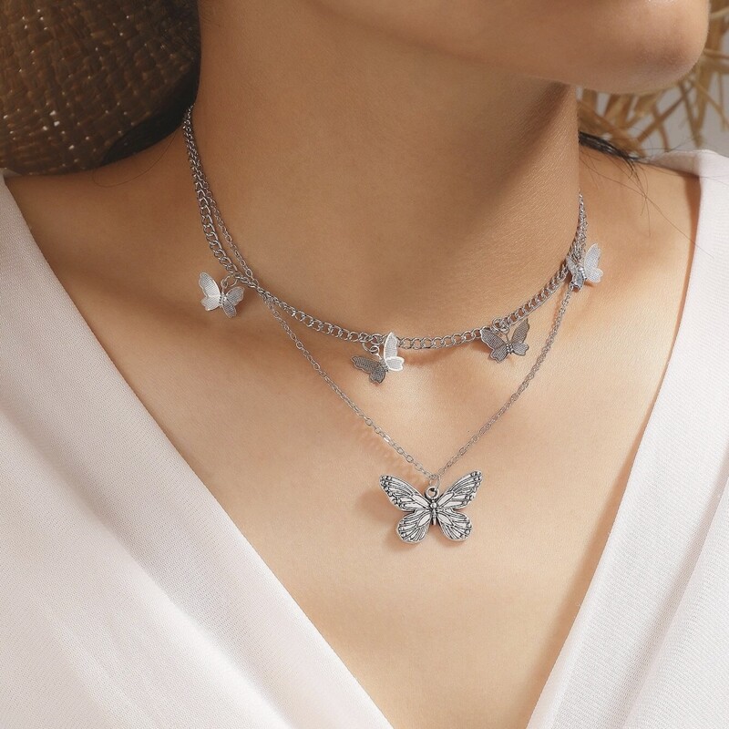 

Butterfly Layered Necklace, Silver