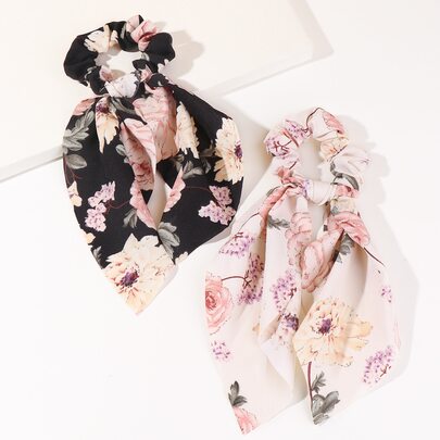 2pcs Flower Print Scarf Hair Tie