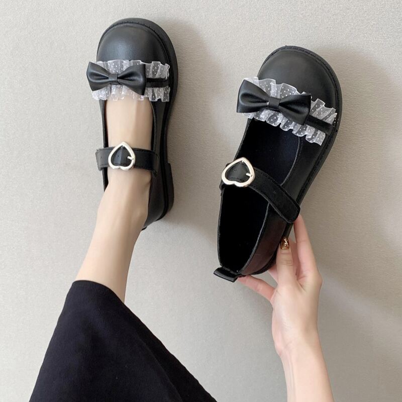 

Lace Ruffle & Bow Mary Jane Flats, Black