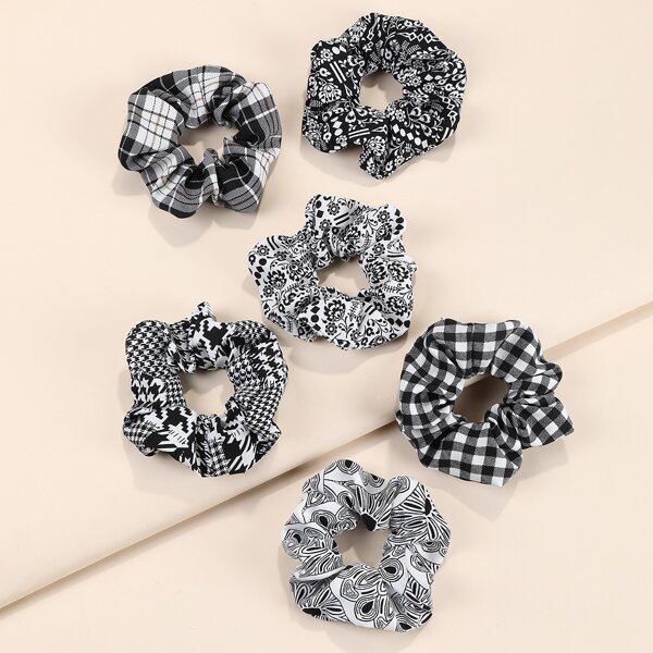 

6pcs Flower Print & Plaid Scrunchie, Multicolor