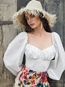 SHEIN Top De Manga De Linterna Con Diseño Arrugado En El Busto Y Atado En La Espalda - Blanco - Ver 1