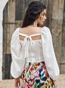 SHEIN Top De Manga De Linterna Con Diseño Arrugado En El Busto Y Atado En La Espalda - Blanco - Ver 2