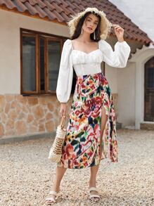 SHEIN Top De Manga De Linterna Con Diseño Arrugado En El Busto Y Atado En La Espalda - Blanco - Ver 3