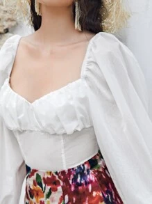 SHEIN Top De Manga De Linterna Con Diseño Arrugado En El Busto Y Atado En La Espalda - Blanco - Ver 4