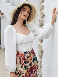 SHEIN Top De Manga De Linterna Con Diseño Arrugado En El Busto Y Atado En La Espalda - Blanco - Ver 5