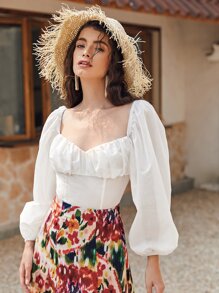 SHEIN Top De Manga De Linterna Con Diseño Arrugado En El Busto Y Atado En La Espalda - Blanco - Ver 6