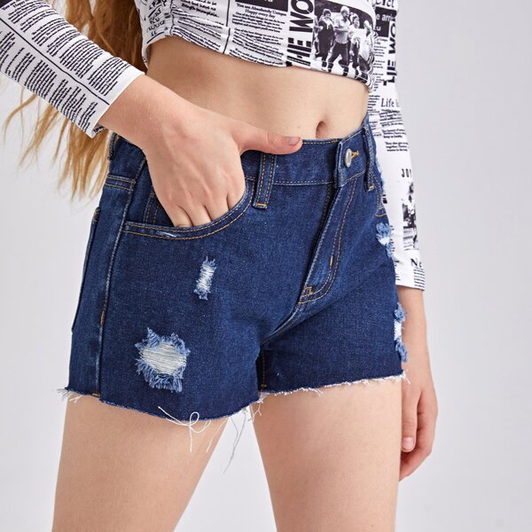 

Girls Ripped Raw Hem Denim Shorts, Dark wash