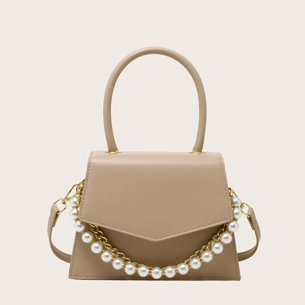 

Chain&Pearl Decor Satchel Bag, Khaki
