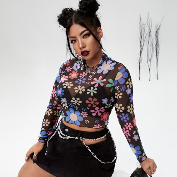

Plus Allover Floral Print Crop Sheer Mesh Top, Multicolor