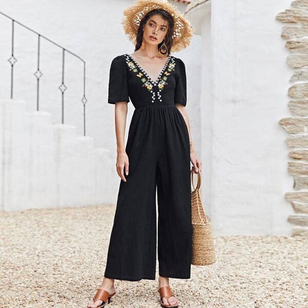 

Double V-Neck Floral Embroidery Wide Leg Jumpsuit, Black