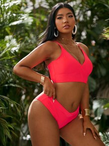 SHEIN Swim Curve Plus Size Bộ bikini lưng cao trơn đi biển mùa hè - trái cam - Xem 1