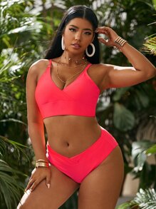 SHEIN Swim Curve Plus Size Bộ bikini lưng cao trơn đi biển mùa hè - trái cam - Xem 4