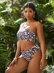 SHEIN Swim Curve Conjunto de bikini con estampado de leopardo, parte superior de un hombro y bottom de talle alto, traje de baño de 2 piezas - Multicolor - Ver 4