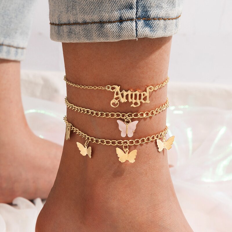 

3pcs Letter & Butterfly Anklet, Gold