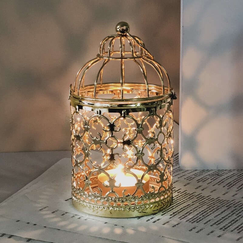 

1pc Birdcage Shaped Candle Holder, Gold