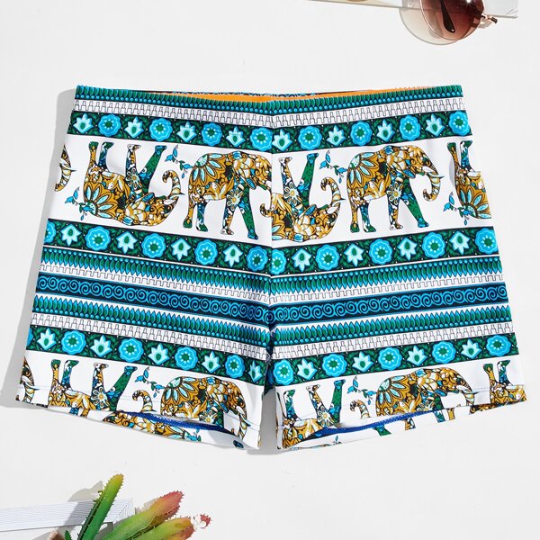 

Men Elephant Print Swim Trunks, Blue and white