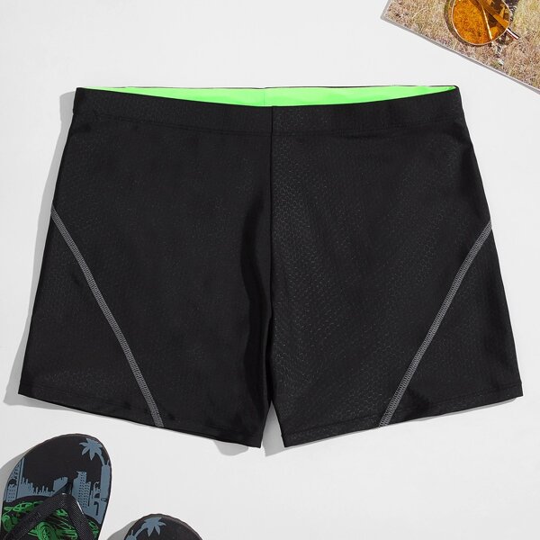 

Men Topstitching Drawstring Waist Swim Trunks, Black
