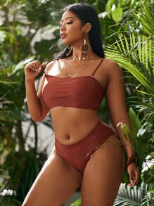 Plus Size Plain High Waisted Bikini Set Summer Beach - Rust Brown - View 1