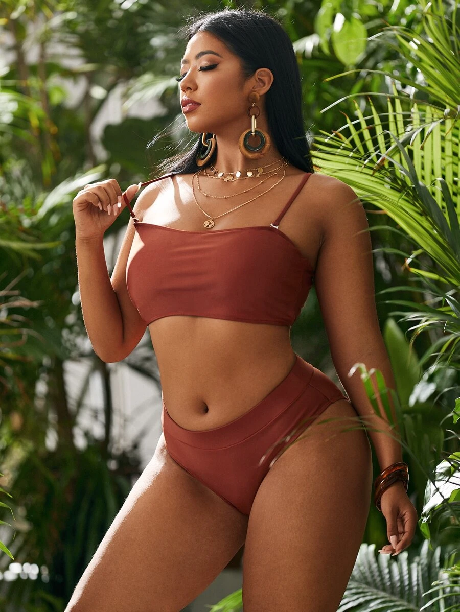 Plus Size Plain High Waisted Bikini Set Summer Beach - Rust Brown - View 1