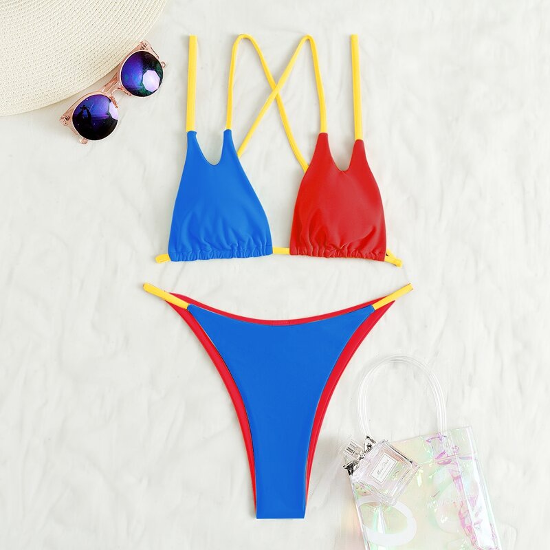 

Color Block Triangle Thong Bikini Swimsuit, Multicolor