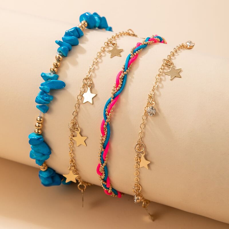 

4pcs Star Rhinestone Anklet, Gold