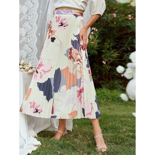 

Large Floral High Waist Pleated Skirt, Multicolor