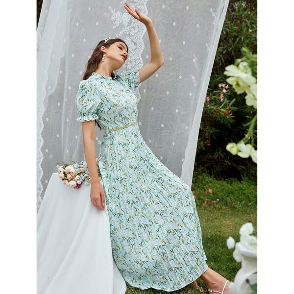 

All Over Floral Print Flounce Sleeve Frill Neck A-line Dress, Mint green