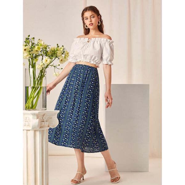 

Off-shoulder Ruffle Trim Top & Skirt, Blue and white