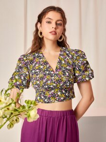 Mulvari Ditsy Floral Print Wrap Neck Blouse - Multicolor - View 4