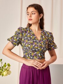 Mulvari Ditsy Floral Print Wrap Neck Blouse - Multicolor - View 5