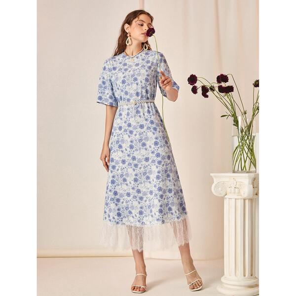 

Floral Print Lace Panel Dress Without Belt, Blue and white