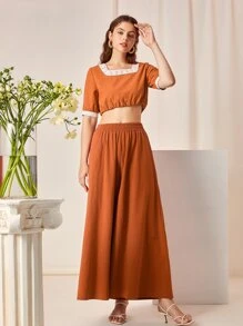 Seusyu Camisa corta con encaje en contraste - Naranja - Ver 4