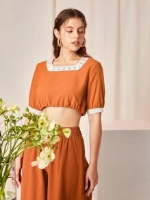 Seusyu Camisa corta con encaje en contraste - Naranja - Ver 5