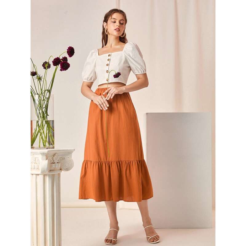 

Square Neck Crop Top & Ruffle Hem Skirt, Multicolor