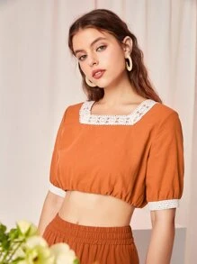 Seusyu Camisa corta con encaje en contraste - Naranja - Ver 6
