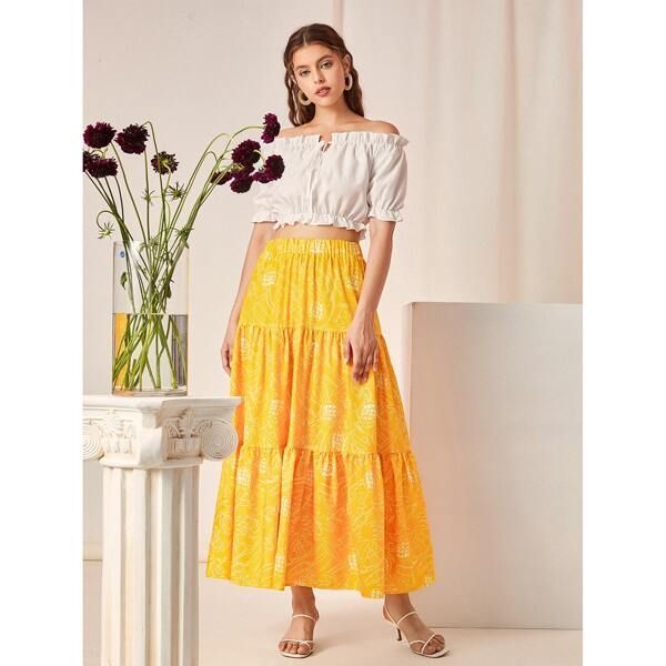 

Pineapple Print Ruffle Hem Skirt, Yellow
