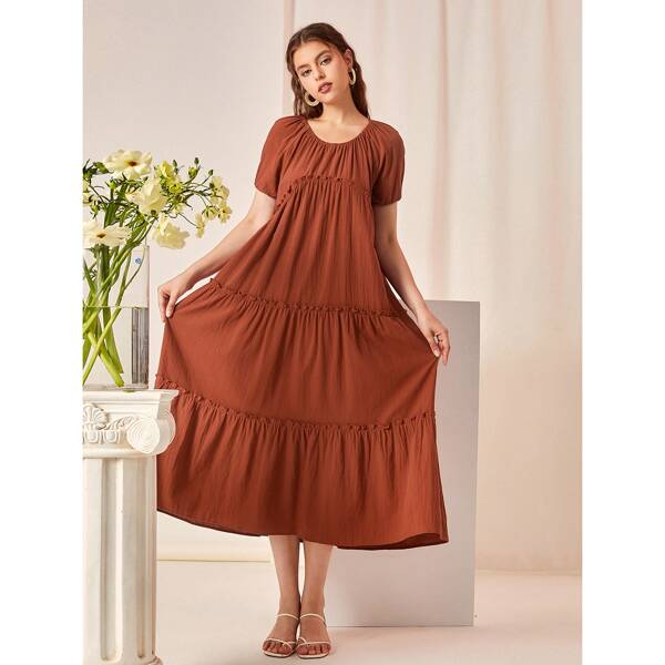 

Solid Frill Trim Babydoll Dress, Burnt orange