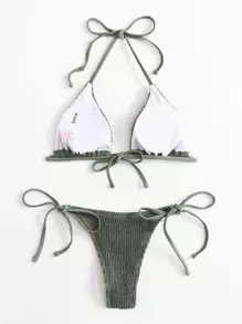 Swim Basics Summer Beach Textured Bikini Set Halter Triangle Bra Top & Tie Side Bikini Bottom 2 Pieces Bikini - Army Green - View 2