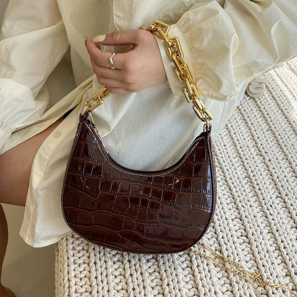 

Croc Embossed Chain Baguette Bag, Coffee brown