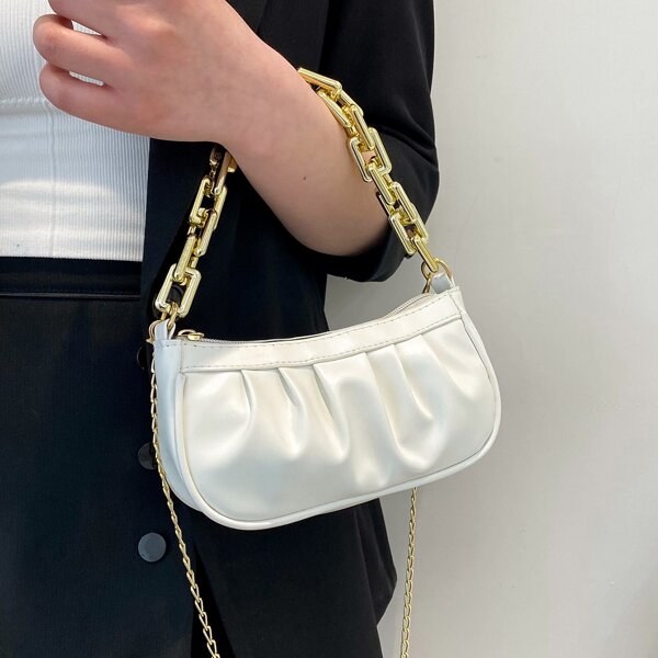 

Minimalist Ruched Chain Satchel Bag, White