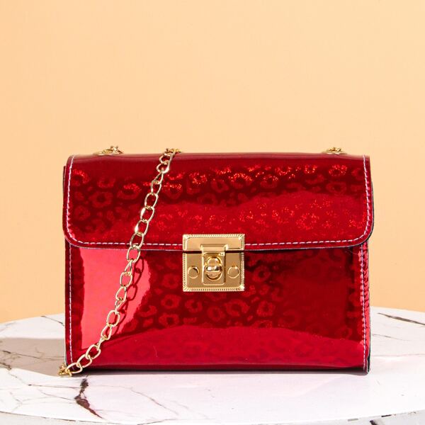 

Patent Leopard Print Twist Lock Chain Bag, Red