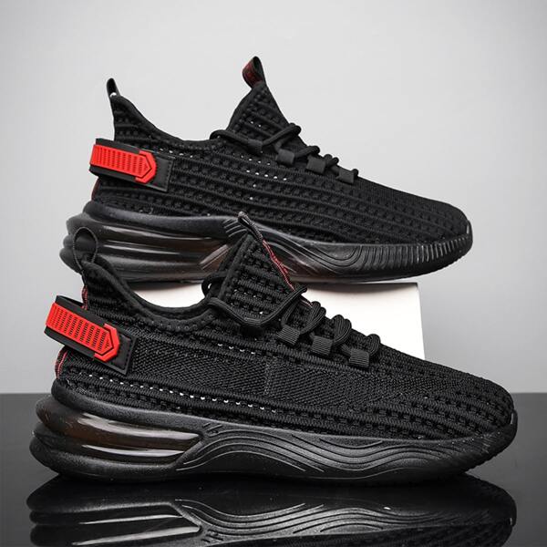 

Men Lace Up Decor Knit Running Shoes, Black