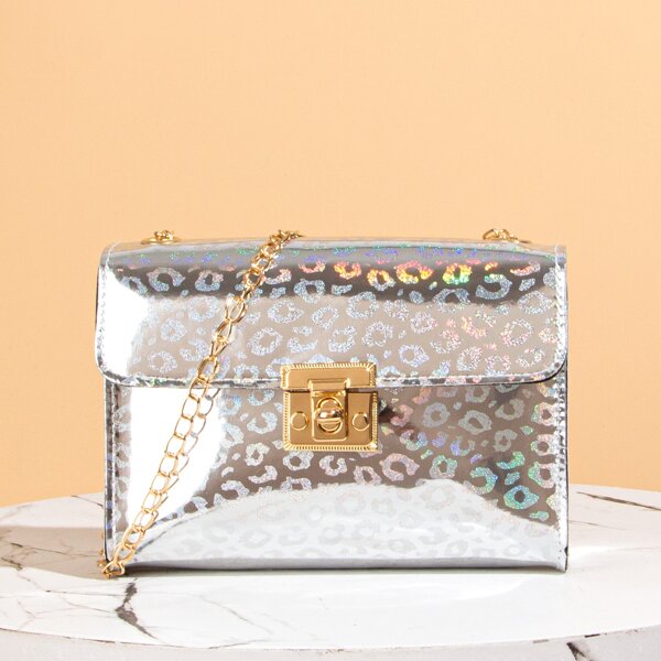 

Patent Leopard Print Twist Lock Chain Bag, Silver